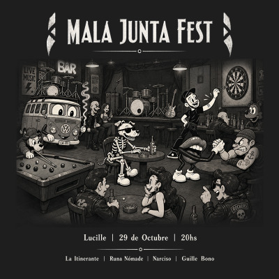 Flyer de Mala Junta Fest — Runa Nómade, Narciso, Guille Bono y La Itinerante