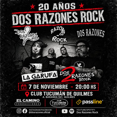 Flyer de 2 Razones 20 Años junto a La Garufa